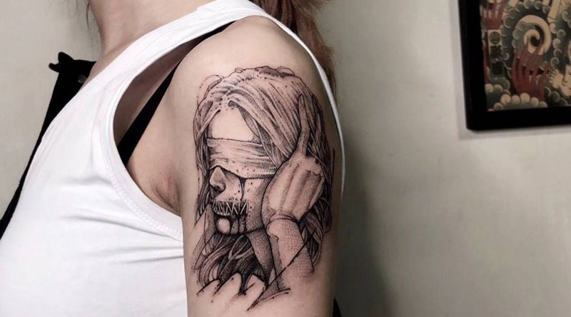 # 不看，不听，不说#纹身图片_成品手臂欧美清新肖像写实几何贴纸人物鬼神纹身图案