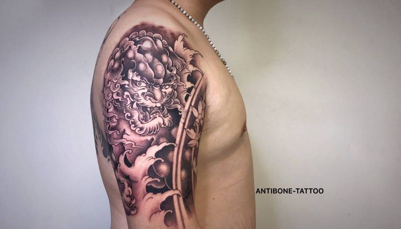 # 唐狮#纹身图片_手臂腿部新传统老传统唐狮花臂纹身图案