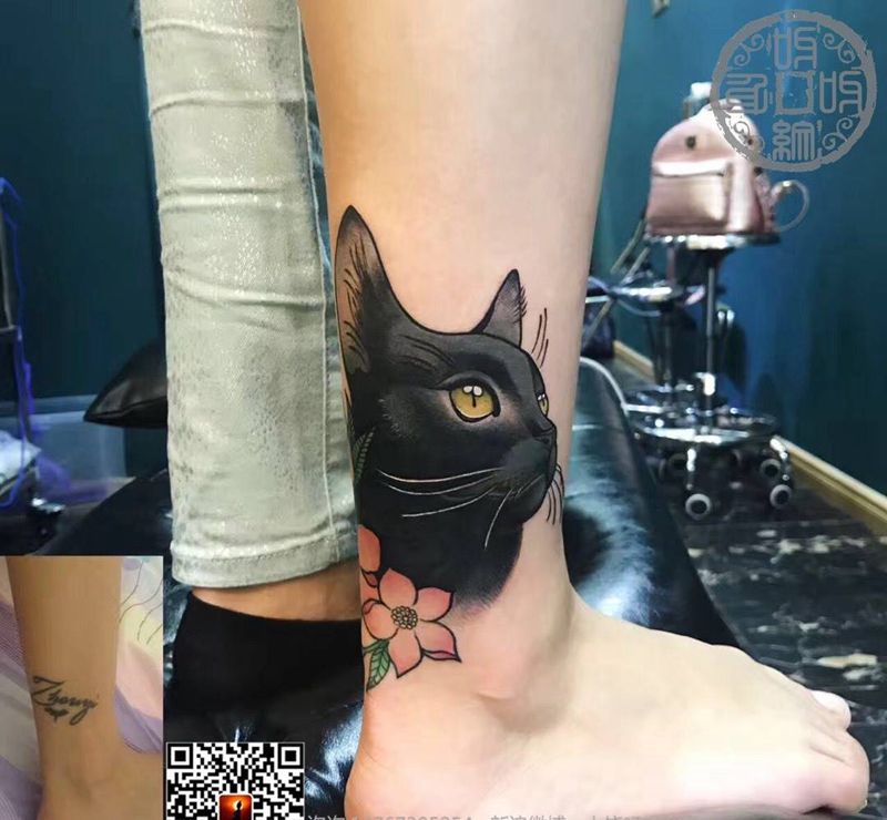 黑猫纹身图片_腿部脚部欧美动物疤痕遮盖呀呀刺青纹身图案