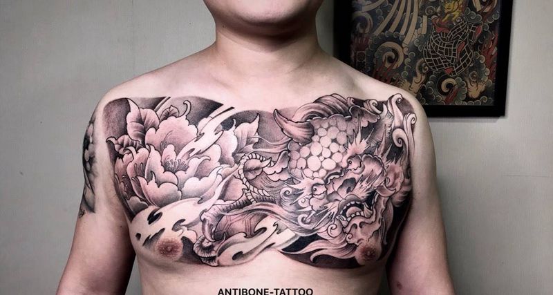 # 唐狮花胸#纹身图片_成品胸部背部传统动物鬼神培训反骨刺青纹身图案