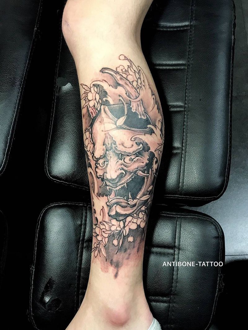 # 般若#纹身图片_成品腿部传统人物鬼神般若黑白反骨刺青培训纹身图案