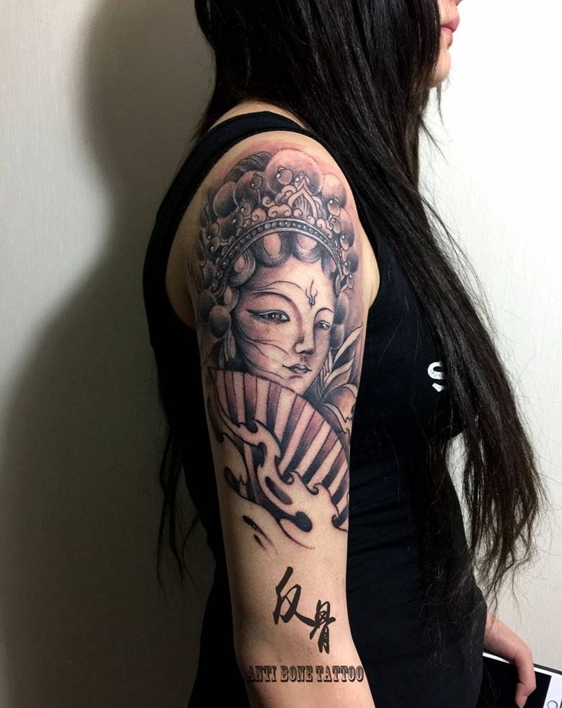 大臂花旦作品纹身图片_成品手臂手部传统肖像人物鬼神黑白花旦艺妓纹身图案