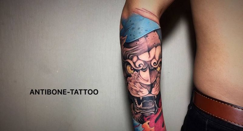 # 唐狮#   包小臂，未完成纹身图片_成品手臂传统鬼神彩图反骨刺青纹身图案