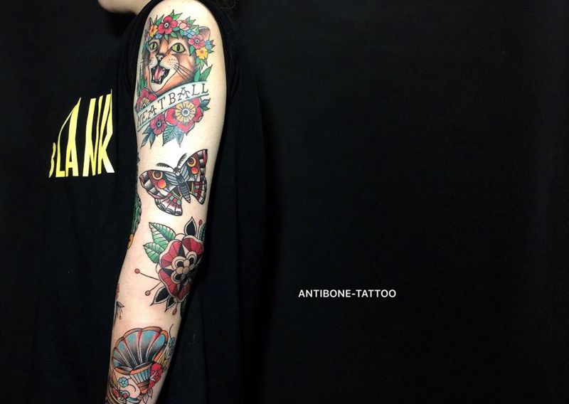 # school花臂#纹身图片_成品手臂腿部欧美传统人物鬼神School反骨刺青培训纹身图案