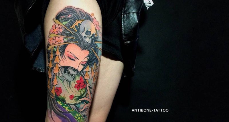 # 白骨精#纹身图片_成品腿部传统人物鬼神彩图反骨刺青培训纹身图案