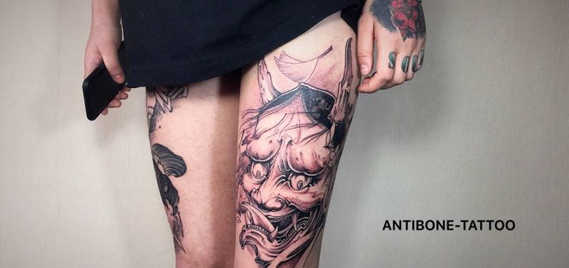 # 般若，恢复五天后生首#纹身图片_成品腿部传统习俗鬼神人物反骨刺青纹身图案