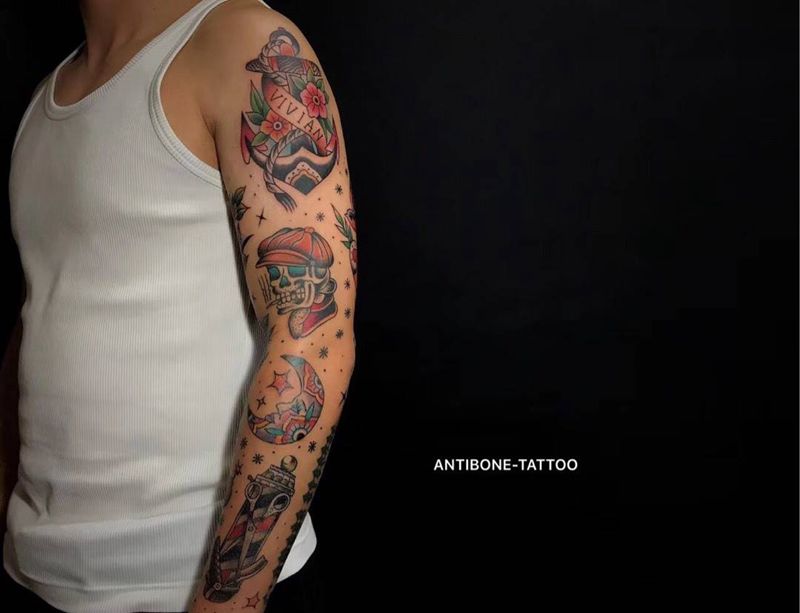 #School花臂# 还是一条胳膊帅纹身图片_成品手臂欧美传统贴纸静物反骨刺青school培训纹身图案