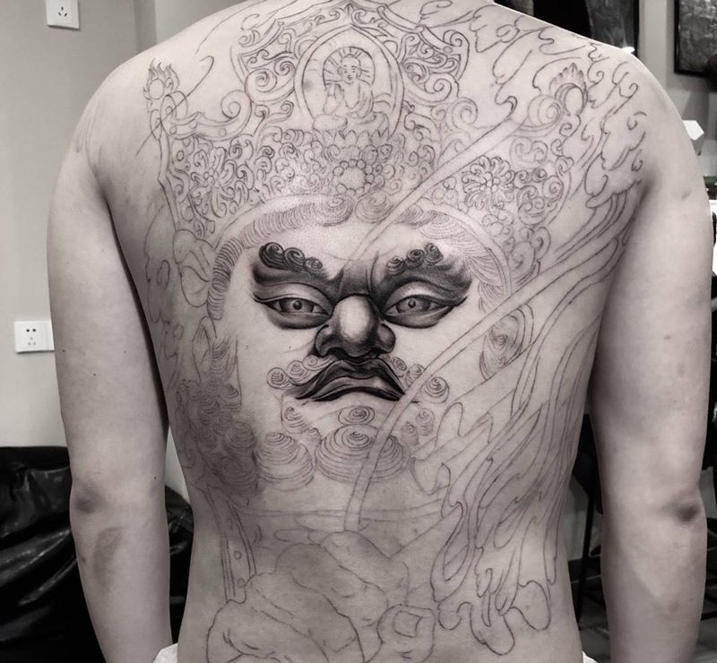满背 连续更新纹身图片_成品背部传统写实欧美肖像鬼神人物宗教纹身图案