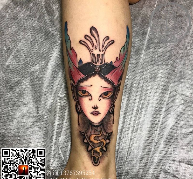 欧纹身图片_成品腿部脚部欧美肖像人物鬼神呀呀刺青纹身图案