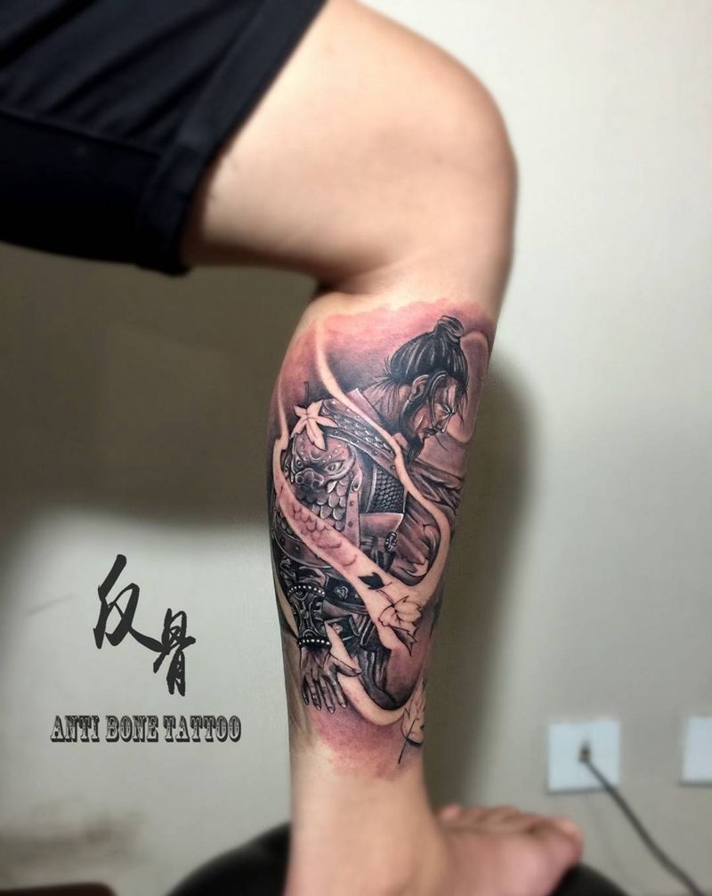 小腿内侧将军纹身图片_成品手臂腿部传统肖像鬼神人物黑白纹身图案