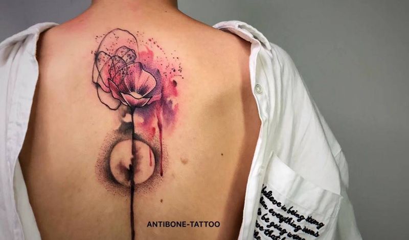 # 水彩花#纹身图片_肩部背部水墨水彩罂粟花罂粟花纹身图案