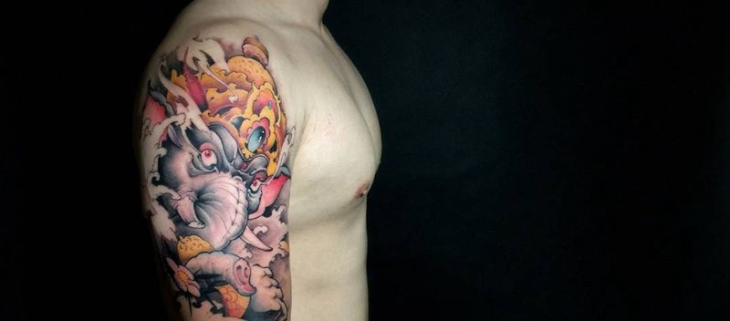 # 象神# 大臂纹身图片_成品手臂传统人物鬼神反骨刺青培训纹身图案