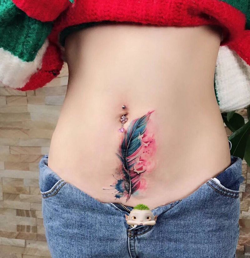 剖腹产疤痕遮盖纹身图片_成品腹部腰部清新植物纹身图案