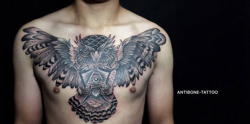 # 猫头鹰#纹身图片_成品胸部欧美动物几何图腾反骨刺青猫头鹰培训纹身图案