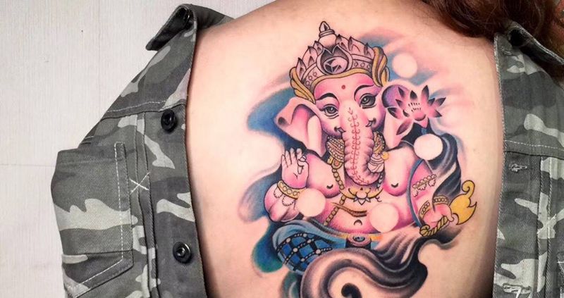 # 彩色象神# 未完成纹身图片_成品背部传统清新鬼神人物彩图反骨刺青培训纹身图案