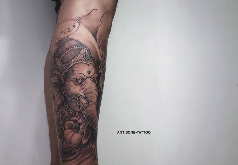 # 象神#纹身图片_手臂腿部新传统象神小腿象神纹身图案