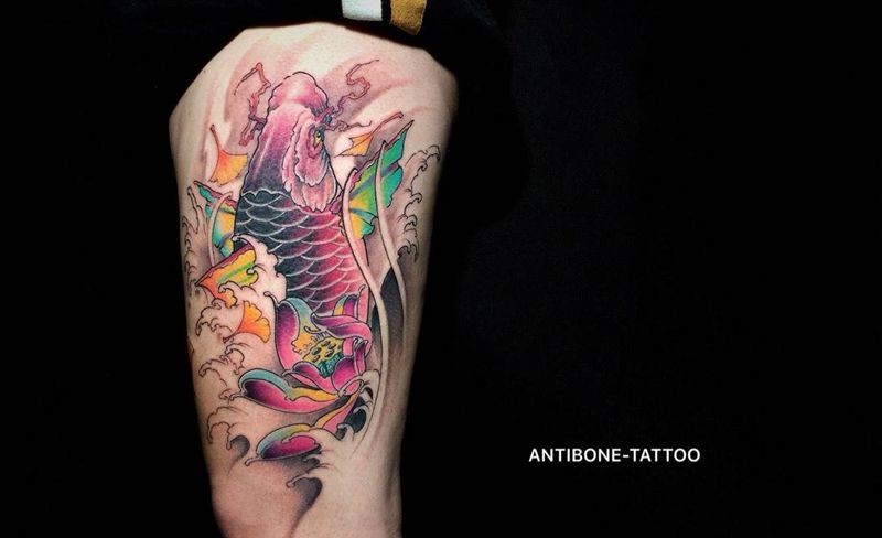 # 彩色鲤鱼#纹身图片_成品腿部传统动物彩图反骨刺青培训纹身图案