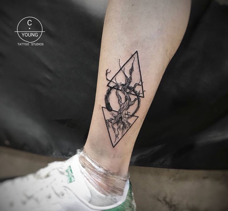 小清新纹身图片_几何字符植物静物清新腿部纹身图案