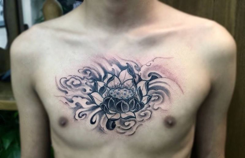 修改作品莲花纹身图片_成品胸部传统植物呀呀刺青纹身图案