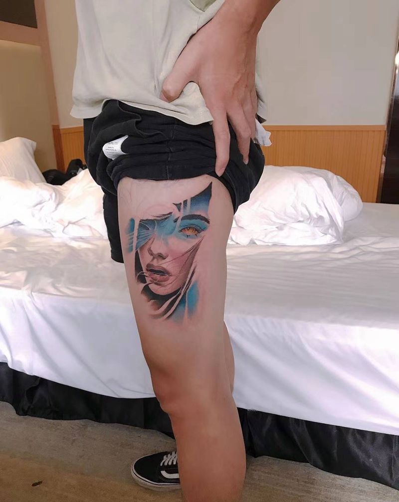 欧美写实（未完成）纹身图片_腿部欧美写实纹身图案