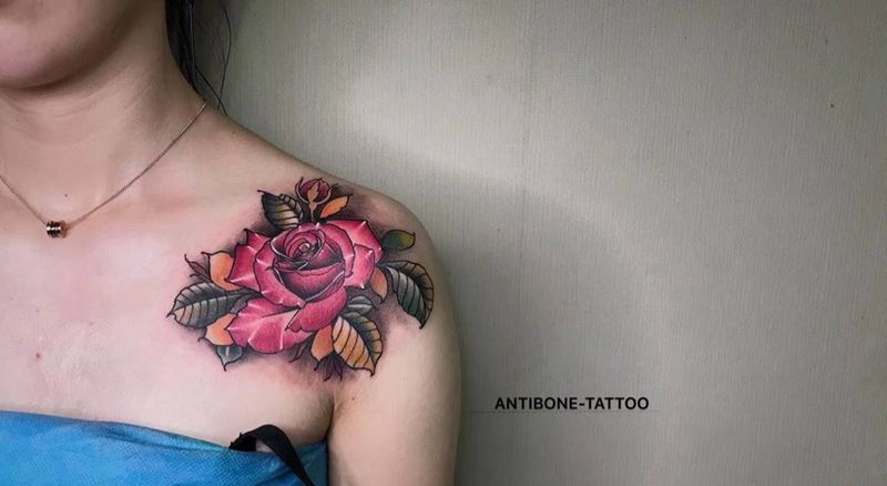 # 玫瑰#纹身图片_成品胸部手臂欧美清新植物反骨刺青培训机构培训纹身图案