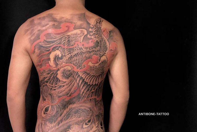 # 满背凤凰#纹身图片_成品背部传统动物鬼神反骨刺青培训纹身图案
