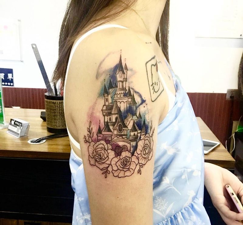 城堡纹身图片_成品手臂手部欧美传统静物呀呀刺青纹身图案