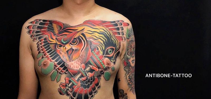 # 猫头鹰#纹身图片_成品胸部欧美清新动物彩图School反骨刺青培训纹身图案