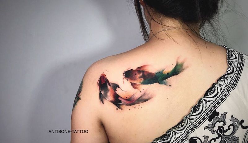 # 水墨 鱼#纹身图片_成品肩部传统国画清新动物贴纸反骨刺青培训纹身图案