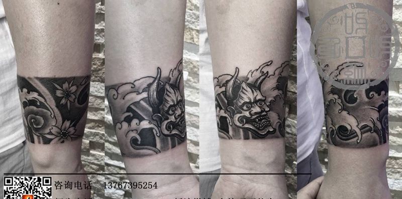般若浪花手环纹身图片_成品手部手臂传统鬼神植物纹身图案