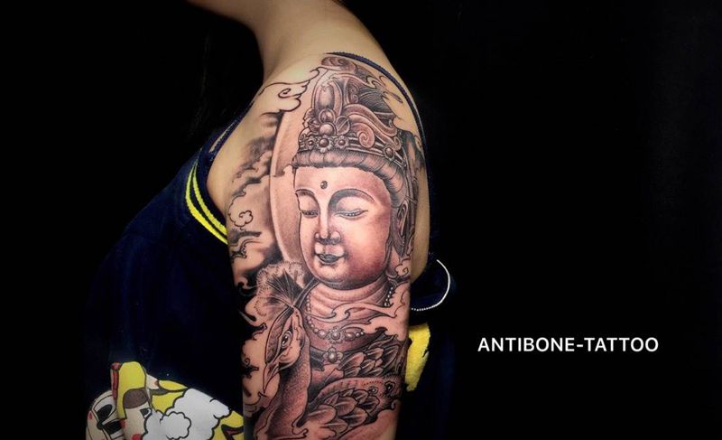 # 菩萨#纹身图片_成品手臂传统鬼神人物黑白反骨刺青纹身图案