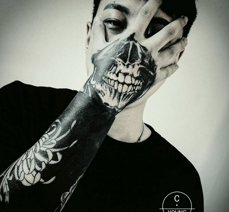 骷髅面具纹身图片_手臂腿部手部欧美写实静物鬼神宗教骷髅成品纹身图案