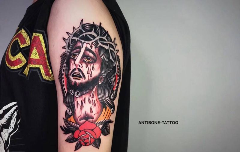 # 耶稣# 遮盖作品纹身图片_手臂腿部Old School耶稣纹身图案