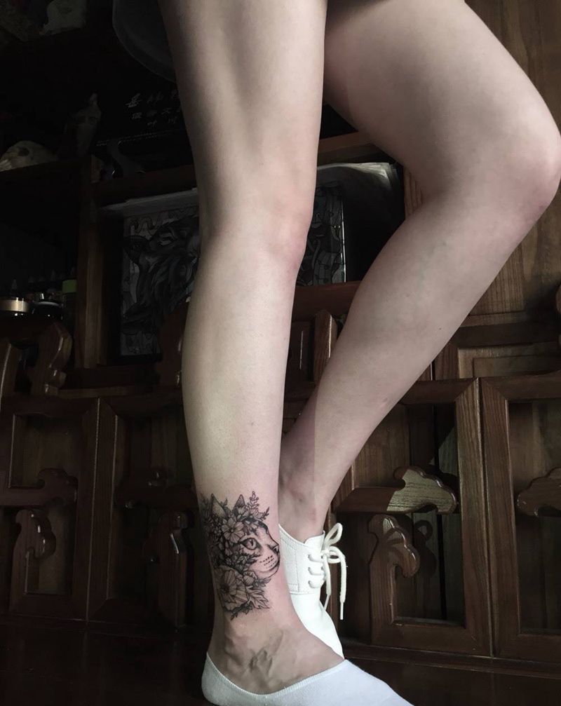 猫纹身图片_成品腿部脚部传统清新欧美动物呀呀刺青纹身图案