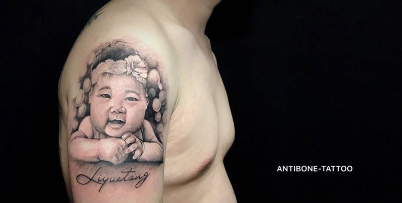 # 宝宝百日照#纹身图片_成品手臂肖像清新人物原创反骨刺青培训纹身图案