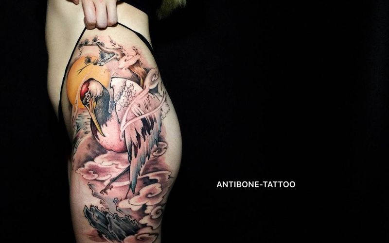 # 鹤#纹身图片_成品臀部腰部腹部传统腿部国画动物静物反骨刺青纹身图案