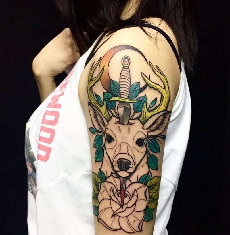 未完成彩色鹿纹身图片_成品手部手臂欧美动物纹身图案