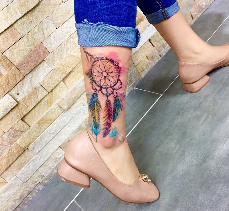水彩梦幻捕梦网纹身图片_成品脚部腿部清新静物纹身图案