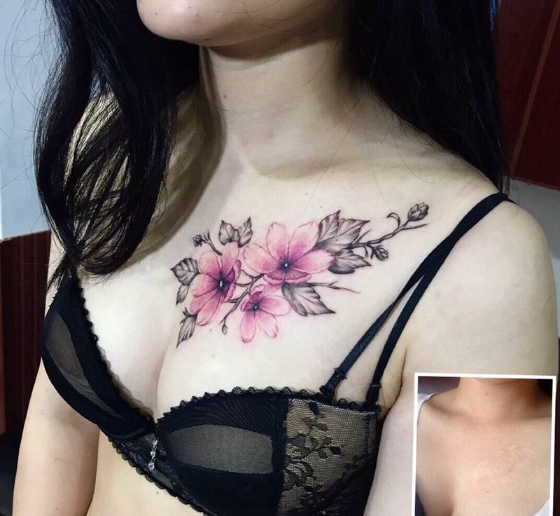 疤痕遮盖纹身图片_成品肩部胸部清新传统写实植物呀呀刺青疤痕遮盖纹身图案