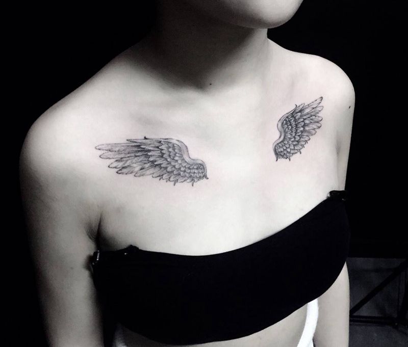 翅膀纹身图片_成品肩部清新动物纹身图案