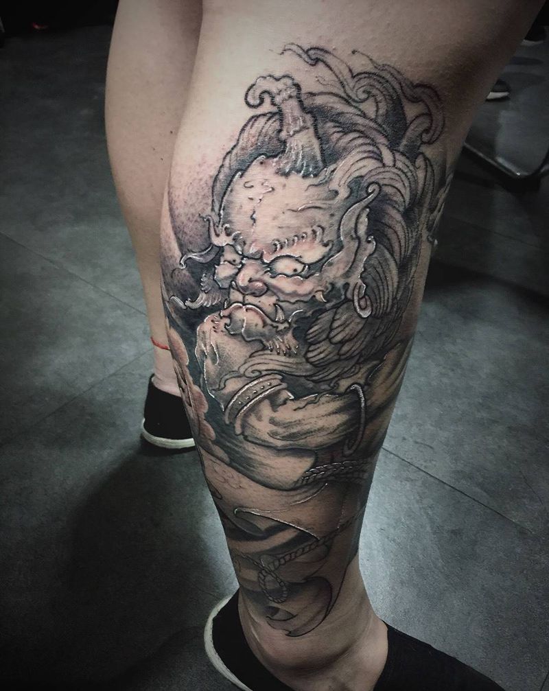 # 小腿风神#纹身图片_成品腿部传统鬼神反骨刺青培训纹身图案
