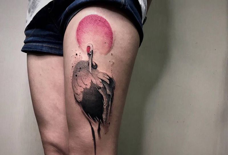 # 水墨鹤#纹身图片_成品腿部传统国画清新动物静物鬼神反骨刺青培训纹身图案