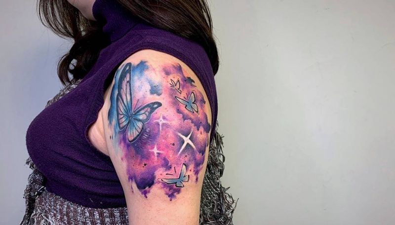 ＃ 蝴蝶星空＃纹身图片_手臂背部New School水彩纹身图案