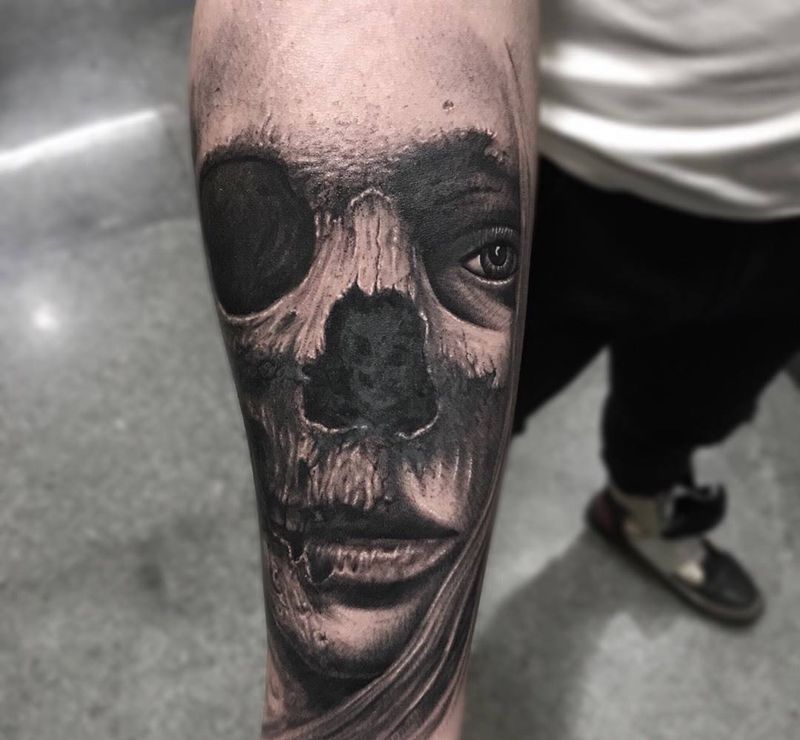 欧美骷髅美女遮盖纹身图片_成品手部手臂欧美人物鬼神纹身图案