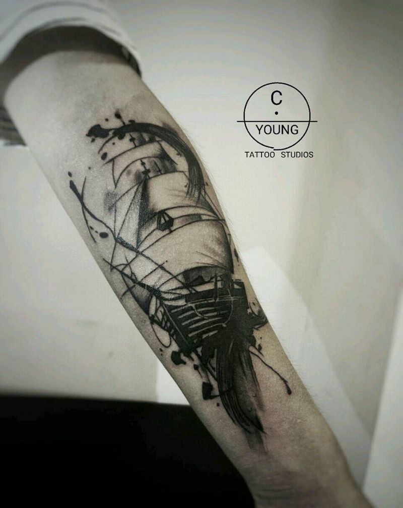 水墨帆船纹身图片_背部手臂腿部手部传统习俗静物水墨成品纹身图案