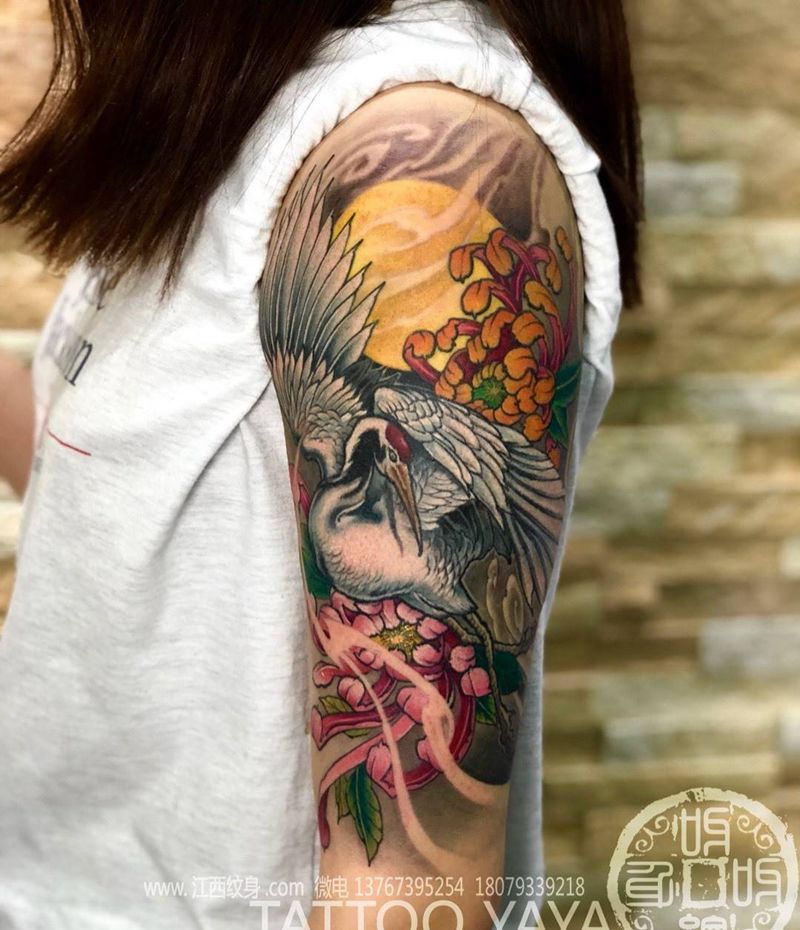 彩鹤纹身图片_手臂肩部新传统纹身图案