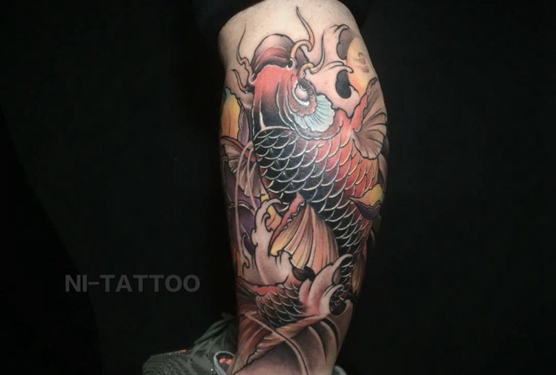 包腿锦鲤纹身图片_成品脚部腿部习俗传统国画动物静物鲤鱼纹身图案