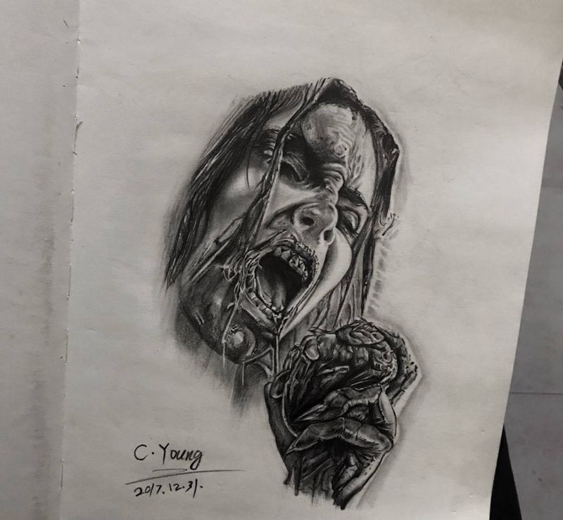 行屍走肉纹身图片_成品插画手稿手臂背部胸部欧美写实原创人物纹身图案