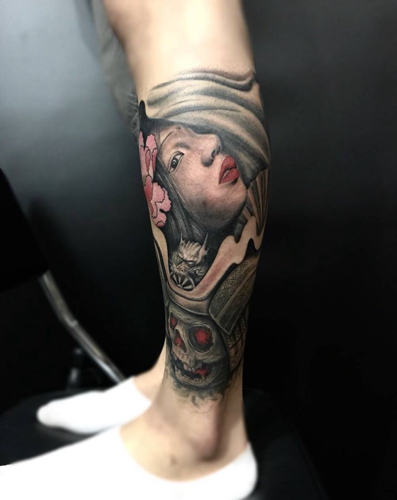 鬼武士纹身图片_成品腿部欧美传统写实人物鬼神呀呀刺青纹身图案