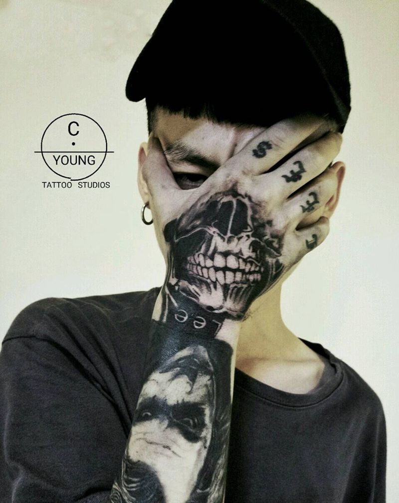 骷髅面具纹身图片_手臂手部欧美肖像写实鬼神原创骷髅暗黑成品纹身图案